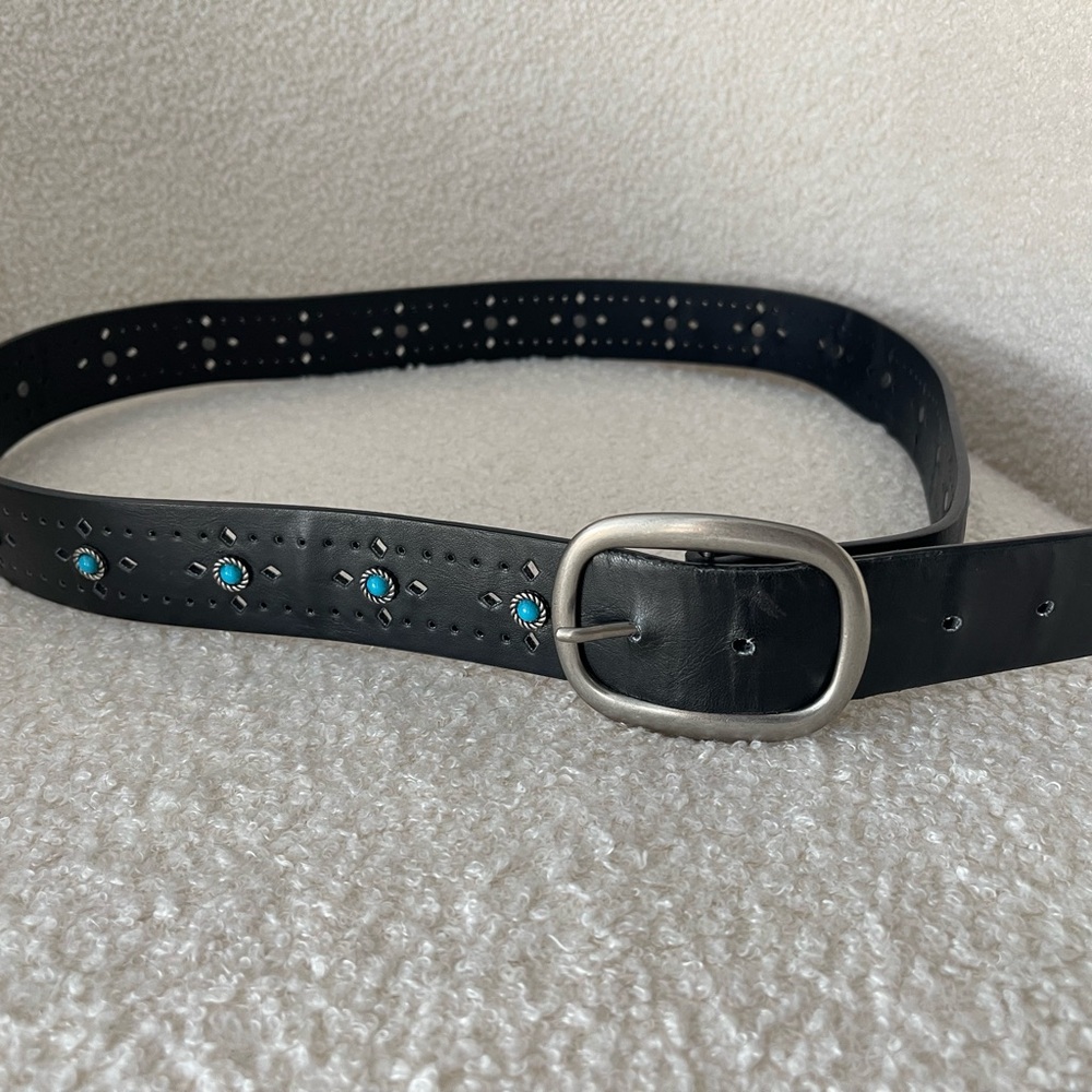 Elegant Black Belt with Silver Buckle and Blue Details